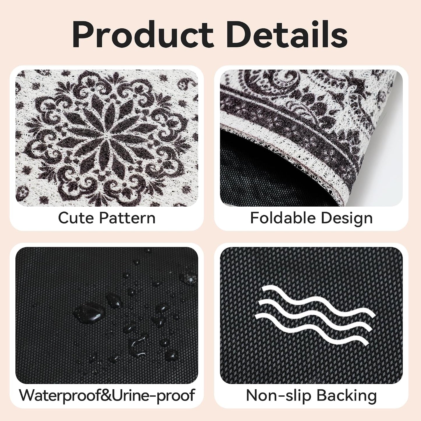 High-Density PVC Cat Litter Mat, 24" x 15", Non-Slip, Waterproof, and Urine-Proof, Soft on Paws, Black