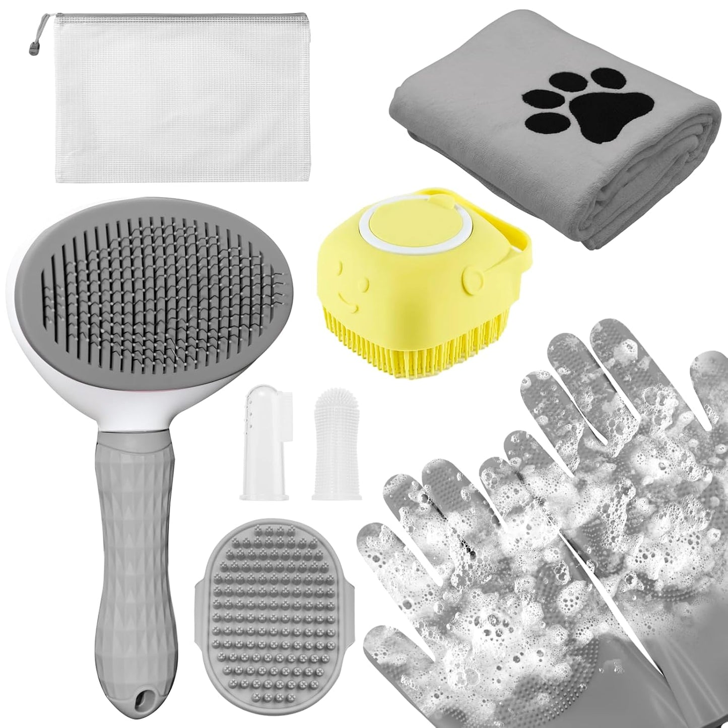 Professional Pet Grooming Set for Shedding – 8-Piece Grooming Supplies Including Deshedding Brush, Bath Gloves, Towels, and Silicone Toothbrush | Suitable for Dogs, Cats, and Pets of All Sizes (Gray)