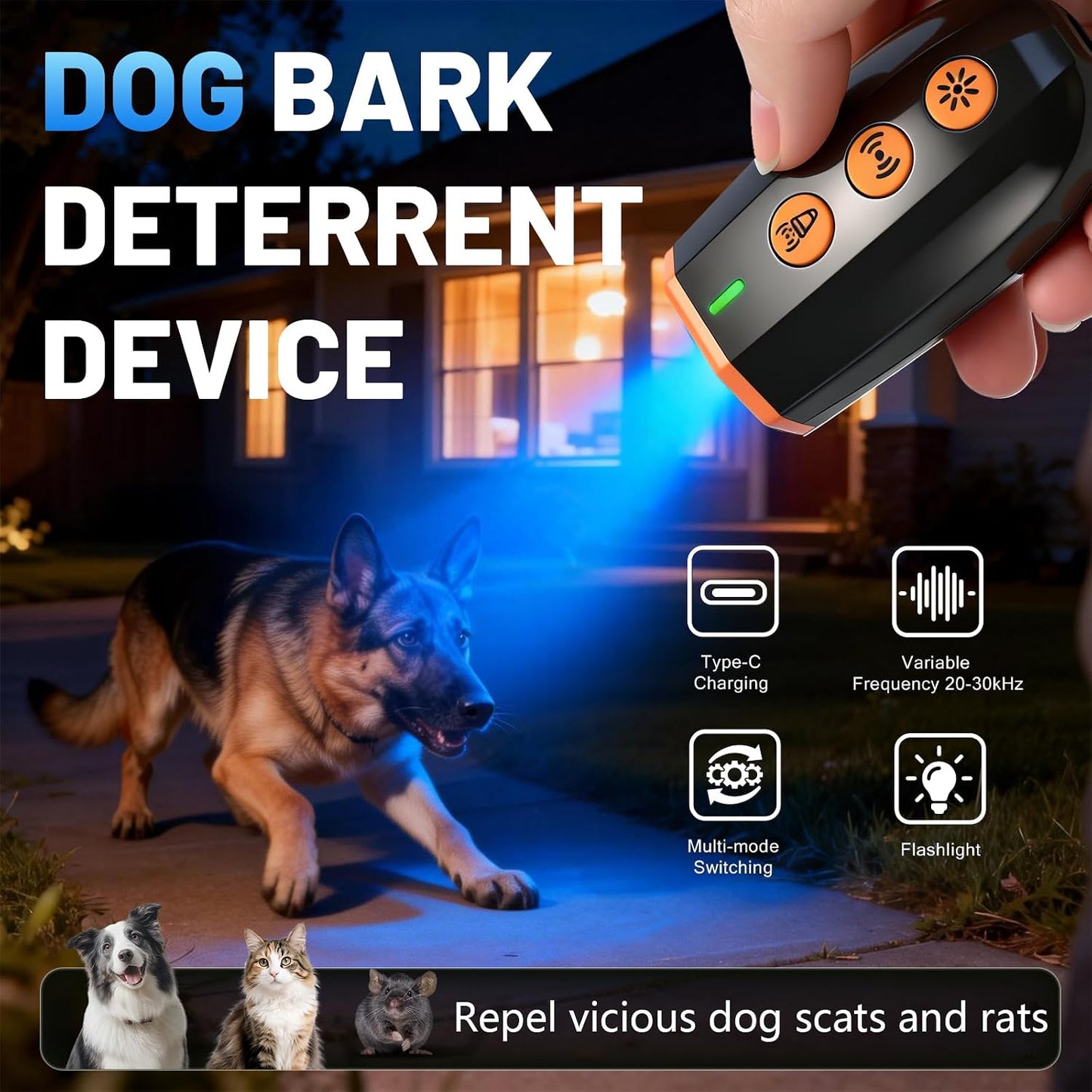 Handheld Ultrasonic Dog Bark Deterrent Device with LED Light - Humane Training Tool for Indoor & Outdoor Use, Effective Range of 16.4 Feet