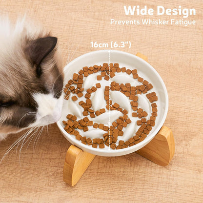 Raised Ceramic Slow Feeder Cat Bowl with Stand - 6.3" Wide, Anti-Gulping Design, Dishwasher Safe, Ideal for Cats and Small Dogs, Suitable for Dry and Wet Food, Shallow Bottom Puzzle Feeder (1 Pack)