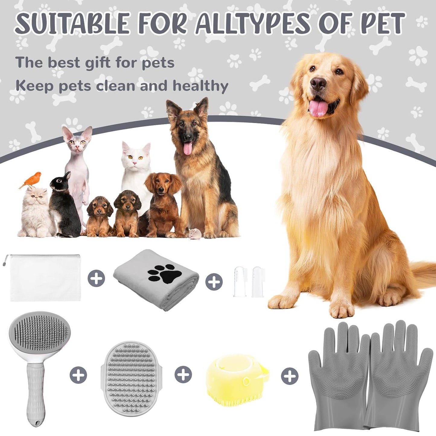 Professional Pet Grooming Set for Shedding – 8-Piece Grooming Supplies Including Deshedding Brush, Bath Gloves, Towels, and Silicone Toothbrush | Suitable for Dogs, Cats, and Pets of All Sizes (Gray)