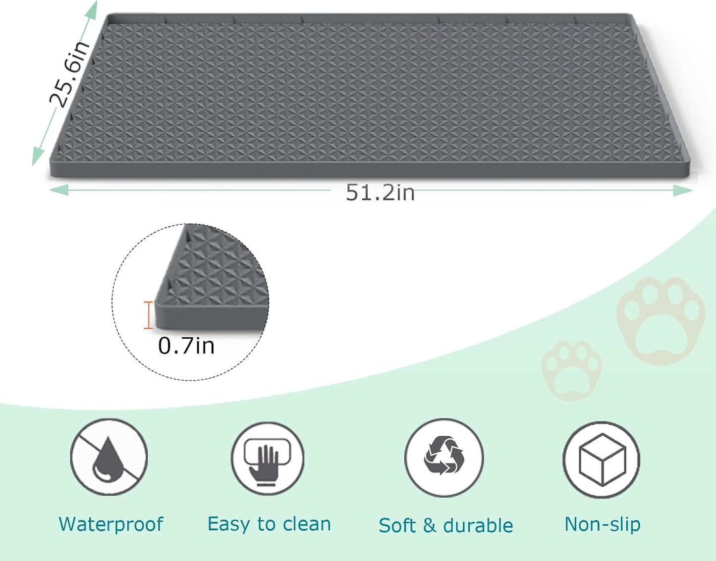 Large Silicone Cat Litter Mat for Litter Box - 51.2 x 25.6 Inches, Waterproof, Non-Slip, Durable, and Easy to Clean in Gray