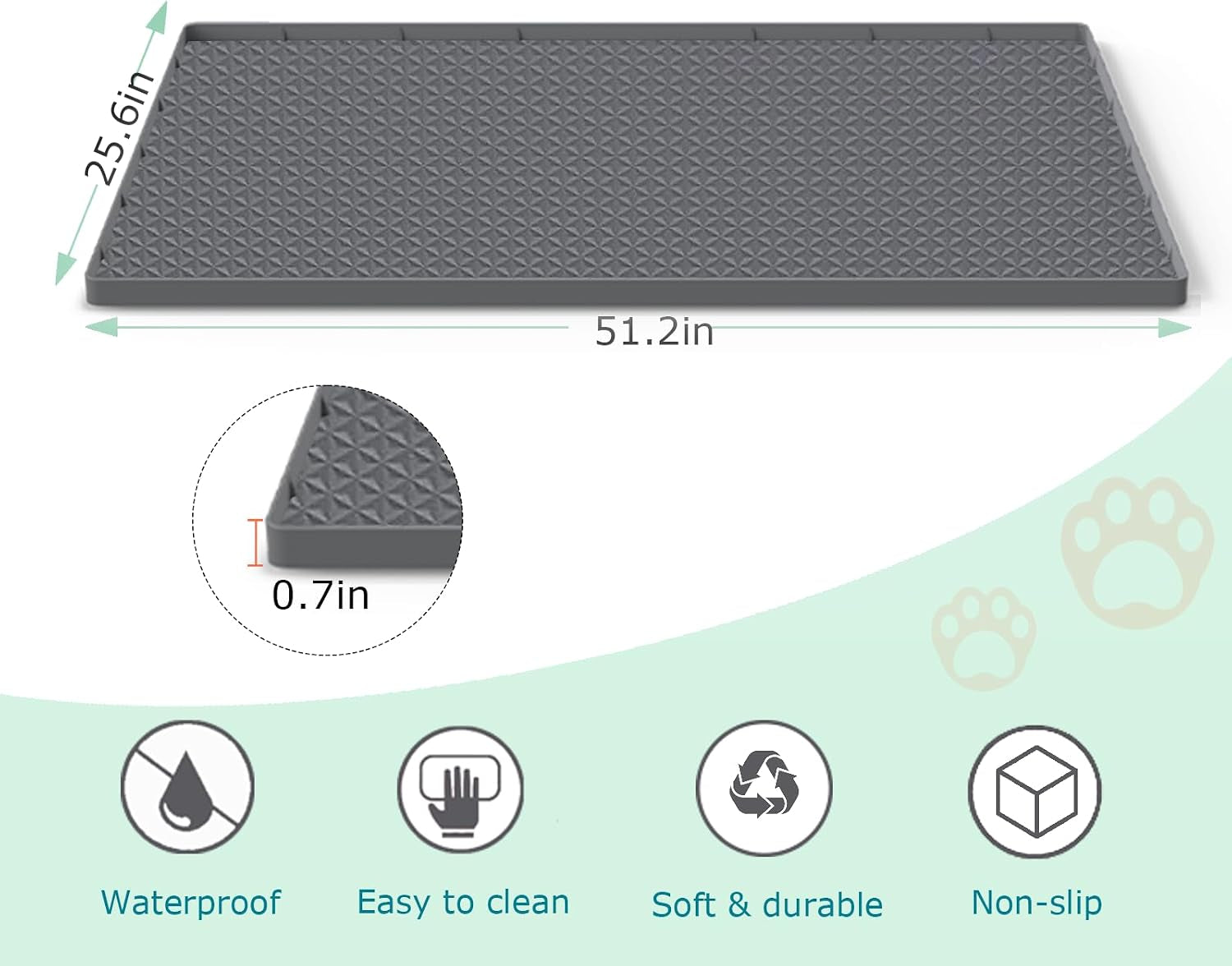 Large Silicone Cat Litter Mat for Litter Box - 51.2 x 25.6 Inches, Waterproof, Non-Slip, Durable, and Easy to Clean in Gray